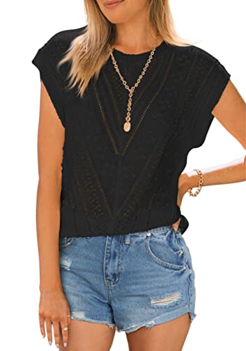 Image of Langwyqu Womens Cap Sleeve Tops Summer Crew Neck Shirt Lightweight Crochet Knit Sweater