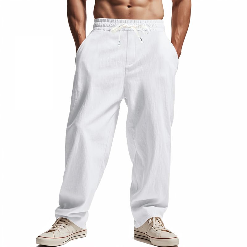 Men's Linen Pants Casual Drawstring Elastic Waist Trousers with Pockets Loose Fit Summer Beach Pants