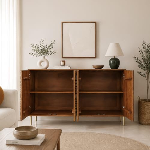 Image of The Attic Arcus Sideboard, Multipurpose Cabinet for Kitchen and Living Room Storage, Solid Mango Wood, Teak Color