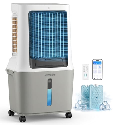 SereneLife Portable Swamp Cooler Air Conditioner - 2500 CFM Airflow, 8 Gallon Water Tank Portable Evaporative Air Cooler for Room & Outdoors, WiFi, Humidifier & Fan Modes, Ice Packs & Remote Included