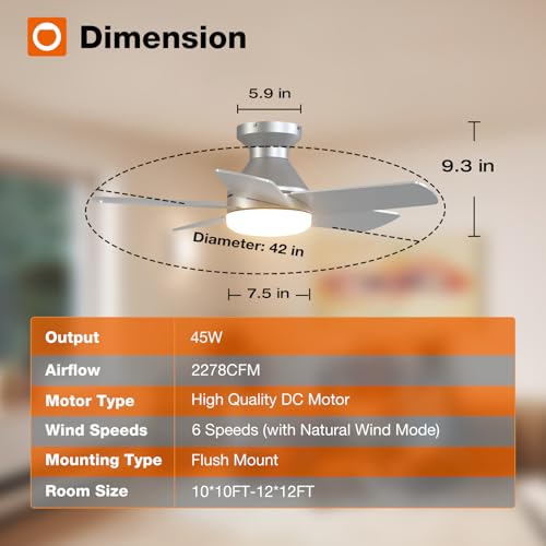 Image of addlon Ceiling Fans with Lights, 32 inch Low Profile Ceiling Fan with Light and Remote Control, Flush Mount, Reversible, 3CCT, Dimmable, Quiet, Silver Small Ceiling Fan for Bedroom Indoor /Outdoor Use