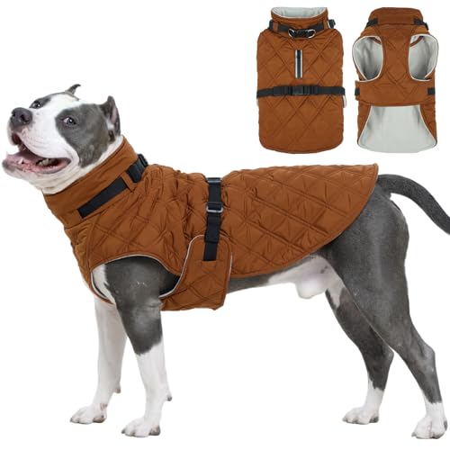 Kuoser Dog Coat Warm Fleece Lining Turtleneck Dog Jacket with Harness Built-in, Adjustable Windproof Cold Weather Coats with Quick Release Buckle Pet Winter Snowsuit for Large Dogs, Khaki XL