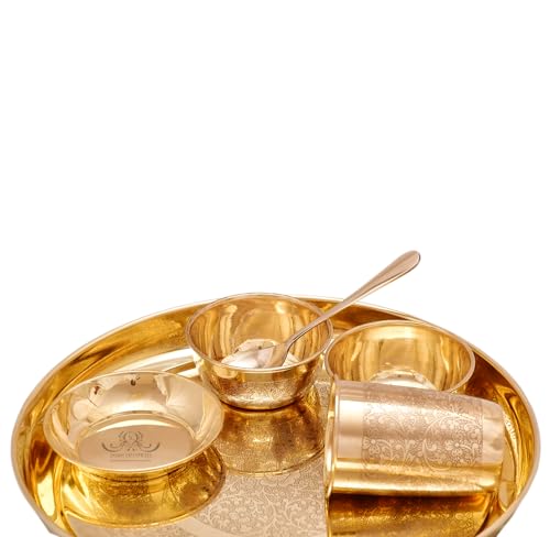 Image of 6 Piece Pure Brass Dinner Set with 12 Inch Thali 1 Glass 2 Bowls 1 Sweet Dish 1 Spoon Gold Finish for Dining, Pooja and Gifting