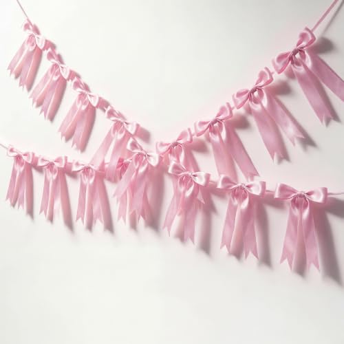 Image of 2 Pcs Pink Bow Garland Banner, Pre-Strung Pink Satin Ribbon Bow Garland Coquette Birthday Decorations for Classroom Decor Wedding Birthday Baby Shower