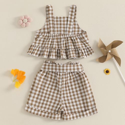Toddler Girl Outfits Set Ruffled Button Strap Crop Tops Plaid Shorts Set Matching Bowknot Belt Summer Clothes Set4