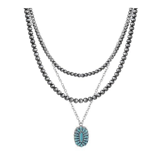 Layered Navajo Pearls Necklace with Western Pendant Necklaces for Women Retro Tribe Western Fashion Accessories