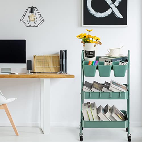 Danpinera 3-Tier Rolling Cart, Metal Rolling Storage Cart With Lockable Wheels & Hanging Cups & Hooks, Mobile Trolley Cart For Kitchen, Bathroom, Office, Workshop, Green #TOP3