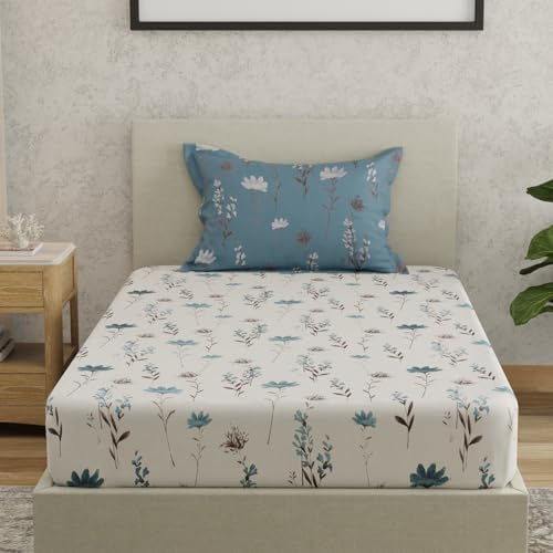 Image of HUESLAND by Ahmedabad Cotton 144 TC Bedsheet for Single Bed with 1 Pillow Cover | White, Blue & Grey