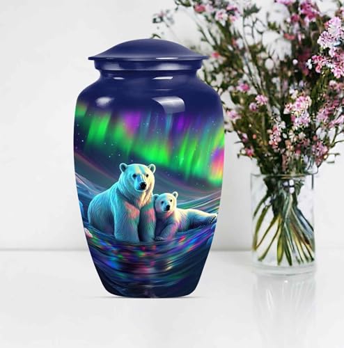 Image of Northern Lights Polar Bear Urn for Adult Ashes Male & Female - Large Memorial Urns for Human Ashes - Elegant Aurora Borealis Themed Burial Urns - Decorative Urn (Large 10 inch)