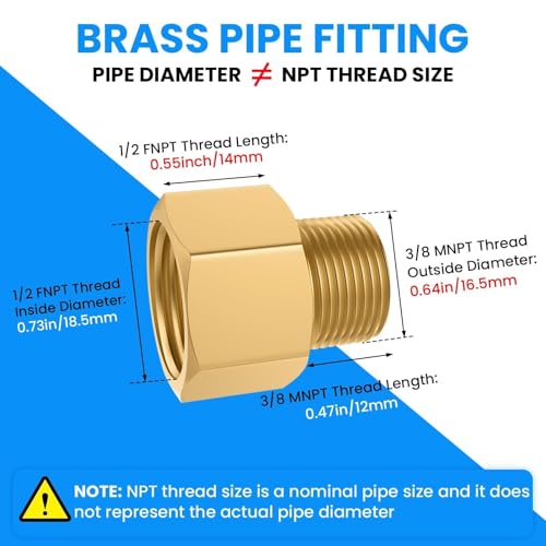 SDTC Tech 2-Pack Brass Pipe Fitting 3/8 NPT Thread Male to 1/2 NPT Thread Female Reducer Adapter, Brass Pipe Extension Connectors
