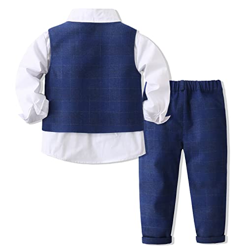 Boys 3Pcs Clothing Sets Long Sleeve Bowtie Shirts +Vest +Pants Casual Suit Blue Plaid Boys 3Pcs Clothing Sets Long Sleeve Bowtie Shirts +Vest +Pants Casual Suit Blue Plaid - Image 2