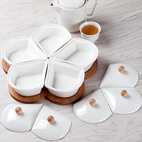 Yarlung Ceramic Divided Serving Dishes With Lids And Bamboo Platter, 5 Removable Dipping Bowls Relish Tray Nuts Dishes For Appetizer, Chips, Fruits, Candy, Condiment #TOP5