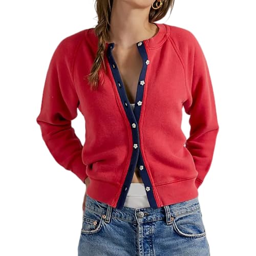 Women Color Block Button Cardigan Y2k Long Sleeve Crewneck Cropped Sweater Fall Trendy Open Front Sweaters Knitwear