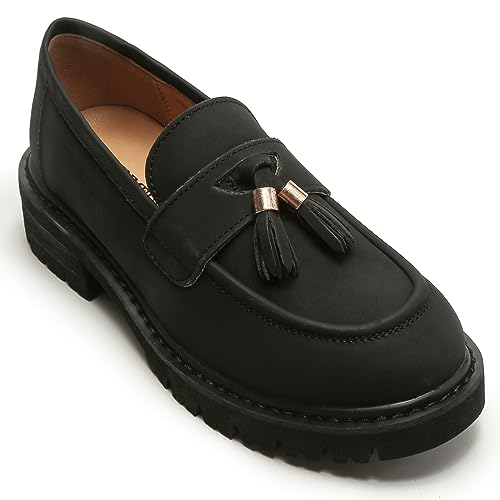 Image of Platform Loafers for Women Patent Leather Loafers for Women Tassel Slip On Loafers Faux Leather