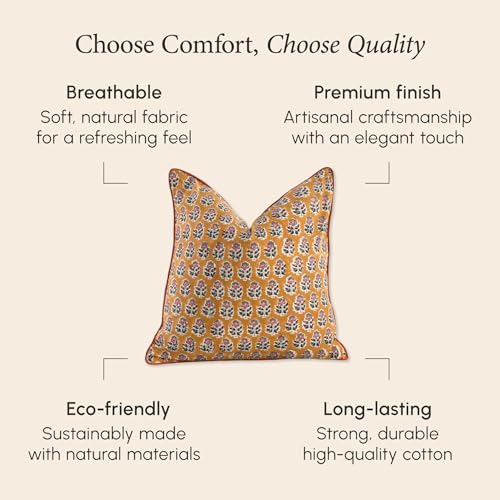 CPC 100% Cotton Throw Pillow Covers 24x24 Inch, Set of 2 Yellow Block Print Pattern Couch Pillow, Cute Boho Decorative Pillows for Living Room, Bedroom with Hidden Zipper- Yellow Citrine