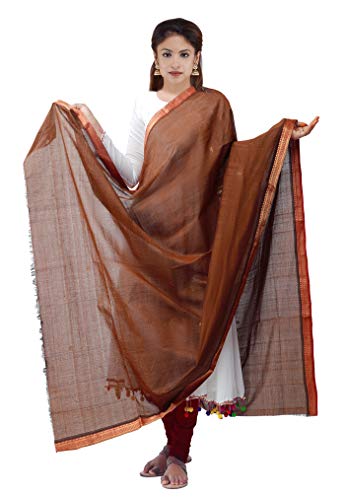 Unnati Silks Women Brown Pure Handloom Mangalagiri Cotton Dupatta with zari border from the weavers of Andhra Pradesh(UDS858)