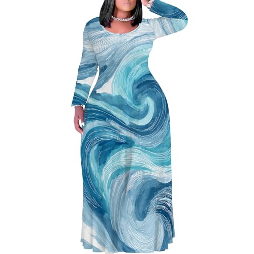 Image of PinkPatty Plus Size Maxi Dress for Curvy Women Crew Neck Long Sleeves Casual Dress Vacation Sundresses with Pockets