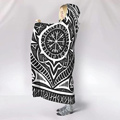 Norse Viking Vegvisir Hooded Blanket Warm Cozy Extra Soft Sherpa Throw Blanket Plush Fleece Blanket Wearable Blanket Hoodie Blanket For Kids And Adults (Color : A, Size : 70X60In/180X150Cm) #TOP3