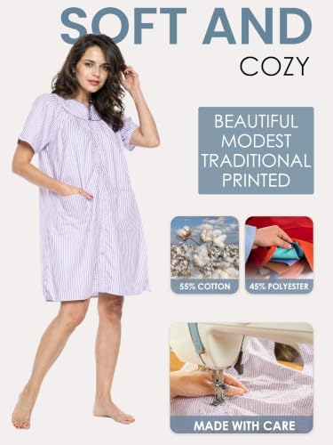 Image of Casual Nights Women's Snap - Front House Dress Short Sleeve Woven Housecoat Duster Lounger Robe with Pockets