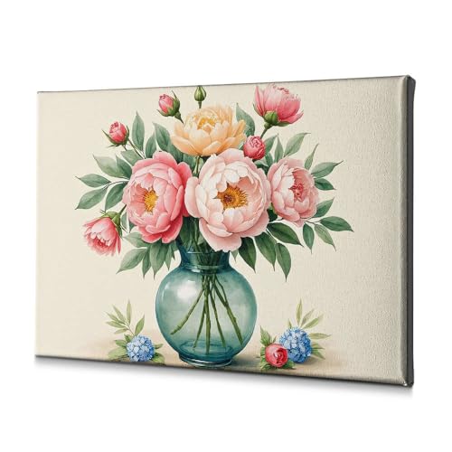 Bouquet de fleurs colorées dans un vase bleu sur toile 30x40