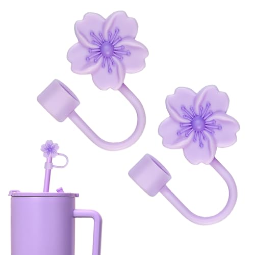 WELTAZ 2 Pack Flower Silicone Straw Cover Compatible with Stanley 14oz&20oz&30oz&40oz Tumbler 10mm Straw Toppers Cap-Purple Begonia flowers