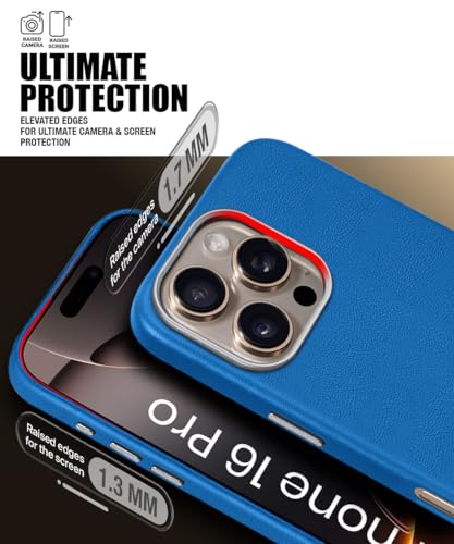 Image of WOW IMAGINE Back Cover for iPhone 16 Pro | Shockproof Tough Leather Texture Hard Mobile Case | Ultra Slim Non-Slip Grip | Inner Velvet Fabric | Metal Camera Ring - Blue