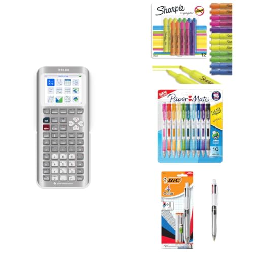 Image of TI-84 Evo Graphing Calculator Bundle with Sharpie Tank Highlighters 12 Count, Paper Mate Clearpoint 0.7mm Pencils 10 Count & BIC 4-Color 3+1 Pen 0.7mm