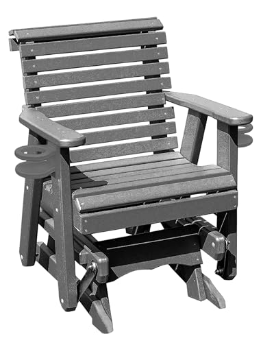 Amish Craftsmanship Made in USA 2FT Heavy Duty Poly Lumber Wood Porch Glider Premium Colors HDPE with No wood fibers Lancaster Series Rollback design 500 lbs Limit With Cupholders Solid-Gray