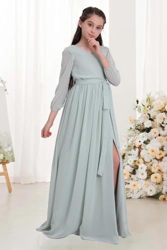 Long Sleeves Juniors Bridesmaid Dresses Chiffon Flower Girl Dresses V Neck Junior Wedding Party Dress UJR0014