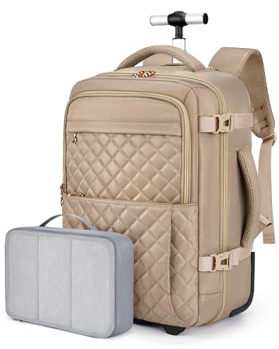 BAGSMART Rolling Backpack for Women, Wheeled Backpack with Packing Cube, Travel Back pack with Wheels, Carry On Suitcase Bag 17 Inch Large Roller Daypack, Champagne