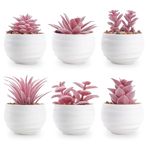BTSD-home Set of 6 Succulents Plants Artificial in Pots Small Fake Plants for Bedroom Aesthetic Living Room Office Shelf Bathroom Decor Pink