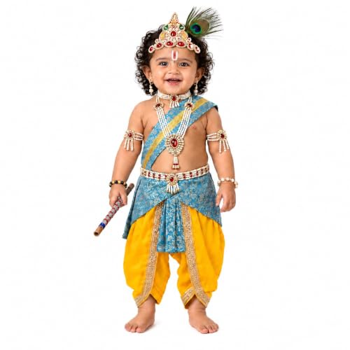 Image of Raj Fancy Dresses Luxury Krishna Pagri for Kids Boys & Girls | Bal Gopal Kanha Janmashtami Turban with 3 Mor Pankh & Pearl Work | Fancy Dress, School Function & Photoshoot Headgear | Only Pagri