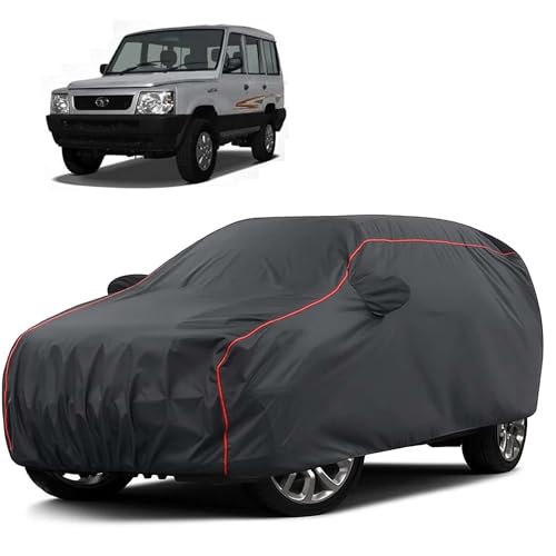 Image of Sulfar 100% Water Resistant Car Body Cover Compatible with Mirror for Tata Victa (Triple Stitched, Full Bottom Elastic, Dark Grey Taffeta with Red Piping)