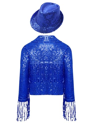 Kids Girls Sequin Tassel Jazz Dance Jacket Coat with Hat Set Hip Hop Street Dance Outfit4