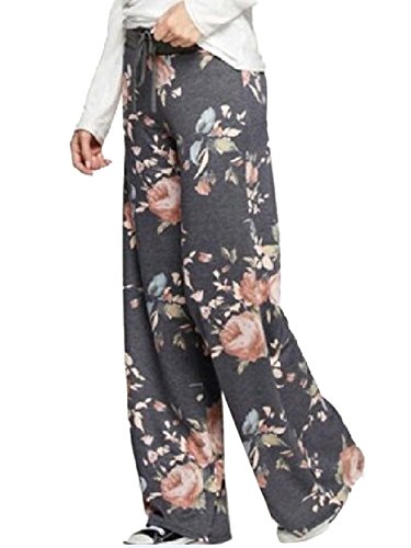 Image of iChunhua Women's Comfy Stretch Floral Print Drawstring Palazzo Wide Leg Lounge Pant