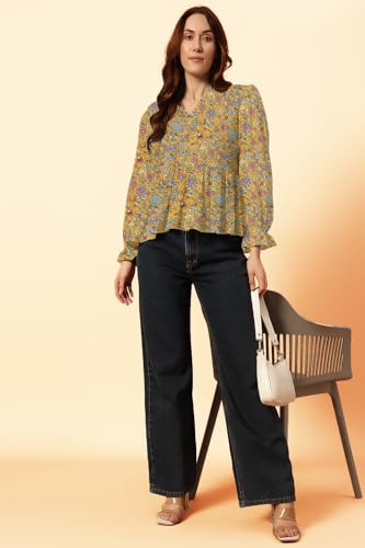 Image of THE DRY STATE Women's Rayon Casual Puff Sleeves Printed Multicolor Crop Top (S, Autumn Glory)