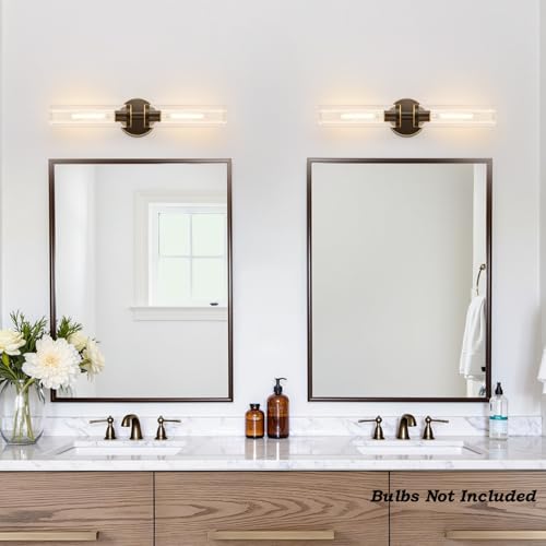 Image of Indoi Wall Sconces Set of Two, Hardwired Brown Bathroom Sconces Wall Lighting with Clear Glass, Modern Sconces Wall Decor Set of 2 Bathroom Light fixtures for Mirror Hallway (Bulbs Not Included)