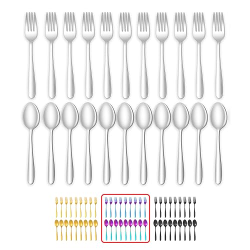 24-piece Forks and Spoons Silverware Set, Food Grade Stainless Steel Flatware Cutlery Set for Home, Kitchen and Restaurant, Spoons and Forks Set, Rainbow Dinner forks Mirror Polished (Rainbow)