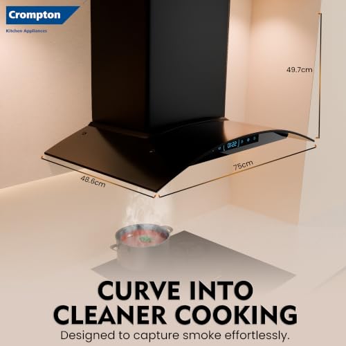 Image of Crompton Airmax BLDC 1600m3 /hr 75cm Curve Chimney| Filterless Thermal Autoclean| Built In Oil Collector| Touch+Motion Sensor Control|10Yrs Motor & 1Yrs Overall Warranty (CHD-AMC75FLE-IND)