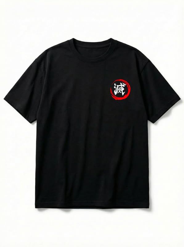 Image of Anime Printed T Shirt for Men | Demons Slayer Giyu Graphic Cotton Oversized Drop Shoulder | Black Round Neck Short Sleeve | Lightweight Casual Wear