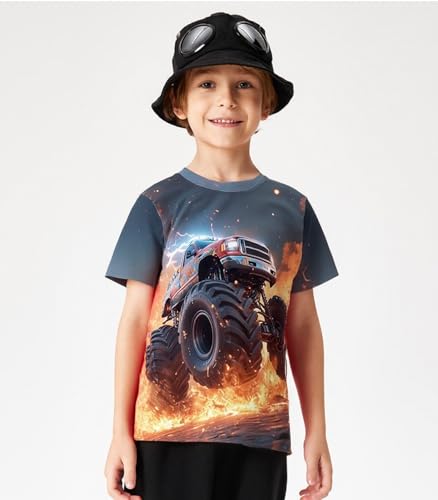 Tkria Boy T-Shirt 3D Graphic Shirt Monster Truck Print Crewneck Cool Short Sleeve Shirt 3-10 Years3