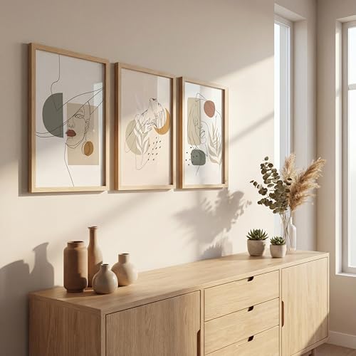 Image of NoWorries Minimalist line art wall Framed Painting Set of 3 | Abstract woman face Prints with Frame | Boho neutral wall decor modern gallery wall set | Scandinavian art prints feminine line drawing | Beige Aesthetic living room, bedroom and office decor contemporary wall art (Art-15, 13x19inch, Wooden)