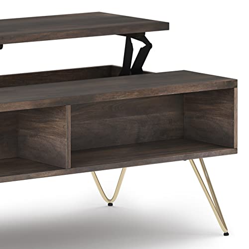 Image of SIMPLIHOME Hunter SOLID MANGO WOOD and Metal 48 inch Wide Rectangle Industrial Lift Top Coffee Table in Ebony for the Living Room and Family Room