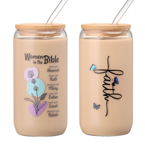 Xelewooz Christian Gifts for Women - Women of the Bible Glass Coffee Tumbler with Straw and Gift Box - 16oz Christian Mug for Mother's Day, Sister, or Bible Lovers
