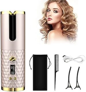 Hair Curler Automatic Cordless Curling Iron Wireless Hair Curler with LCD Temperature Display and Timer, Portable Rechargeable Ceramic Automatic Hair Curler Wand Fast Heating Hair Curler (C)
