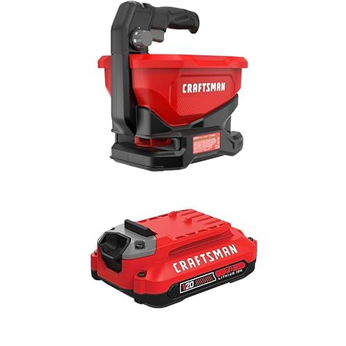 Bundle of Craftsman V20 Four Season Seed Spreader Handheld, 1.2 Gal, 6 Speed, Fertilizer Spreader, Salt, Ice Melt, Tool Only (CMCOE300B) + CRAFTSMAN V20 Battery, 2.0 Ah, Lithium Ion Battery (CMCB202)