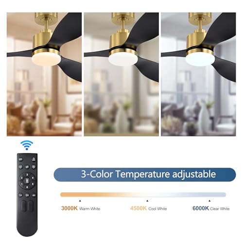Breezary 52" Ceiling Fans with Lights and Remote, Quiet DC Motor, 3 Reversible Blades, Modern Gold and Black Ceiling Fan with 3-Color LED Light Fandelier for Bedroom Living Room thumbnail 4