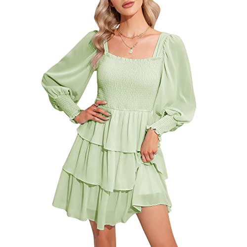 Byinns Women's Square Neck Ruffle Dress Long Sleeve Floral Print Tiered Tie Back Layered Swing Mini Dress