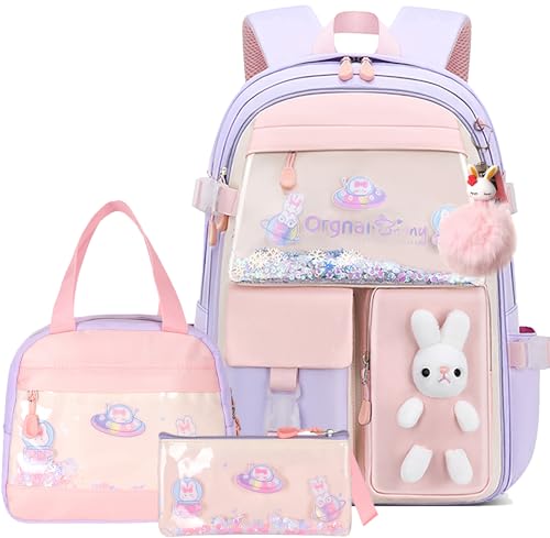 Girls Backpack,Kawaii Bunny Backpack for Girls Kindergarten Cute Elementary Schoolbag with Lunch Box Kids Children Bookbag Casual Daypack with Chest Strap