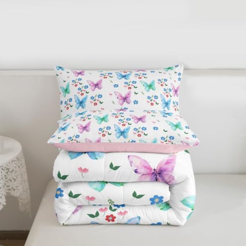 Image of Erosebridal Colorful Butterflies Full Size Comforter Sets for Kids Boys Girls,Blue Daisy Flower Bedding Set,Cottagecore Farmhouse Duvet Insert,Flying Butterfly Quilt Bedroom Decor